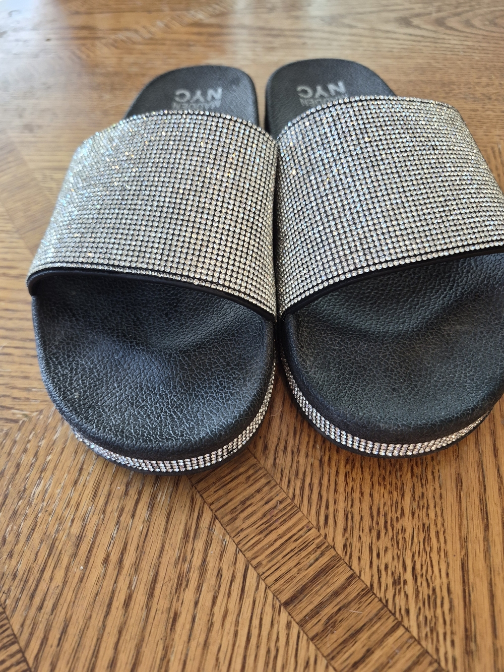 Embellished Slide Sandals in Black with Silver Crystals